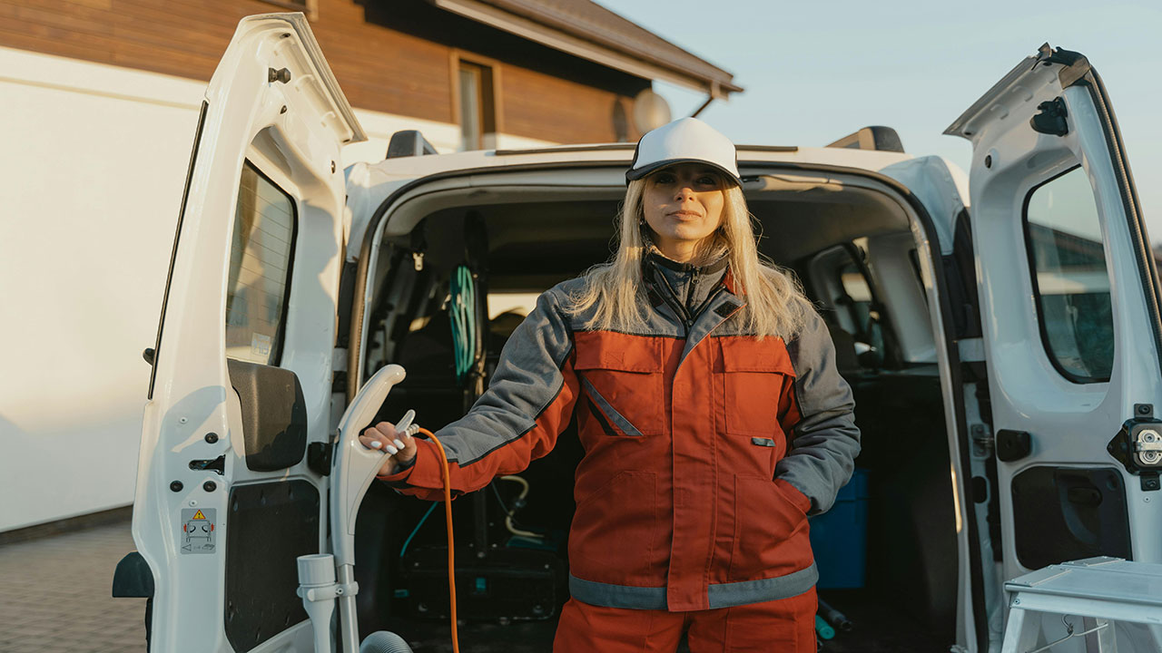 Female cleaner with a cleaning gadget, ready to start cleaning.