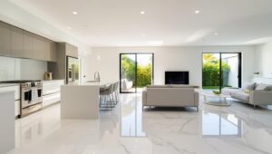 Modern home interior with clean floors, bright kitchen, and organized living room.